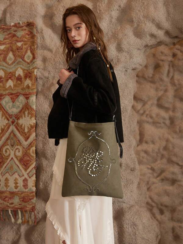 SHECARRY Fashion Solid Color Rivet Large Capacity Faux Suede Tote Handbag For Women