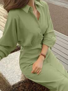 Women's Solid Color Long Sleeve Single-Breasted Casual Shirt Dress