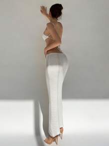 Aloruh Vestido de Tricô Slim com Alças Finas, Gola em U, Decote Baixo e Textura Vazada, em Cor Sólida, Casual para Mulheres