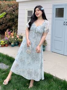 Dazy Plus Floral Print Tie Waist Puff Sleeve Slim Fit Maxi Chiffon Dress Women Dresses Birthday Women Dresses Elegant Gown