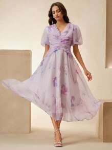 Anewsta Women's Ditsy Floral Summer French Fashion Puff Sleeve V-Neck Cinched Waist Elegant Dress - Purple - View 5