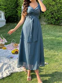 Modelyn Women's Solid Color Mid-Length Dress With Puff Sleeve, Waist Tie And Ruffle Hem - Blue - View 6