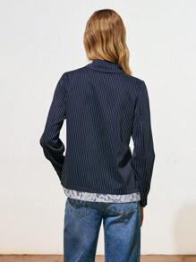Lumivelle Niche Design Lace Patchwork Striped Blazer - Blue - View 2