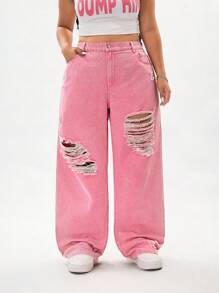 SHEIN ICON Plus Size Women's Washed Pink Ripped Denim Jeans  Summer Outfits For Women Festival Outfits