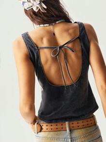 Bohemela Áo hai dây bó lưng đan màu trơn cho nữ - màu đen - Xem 5