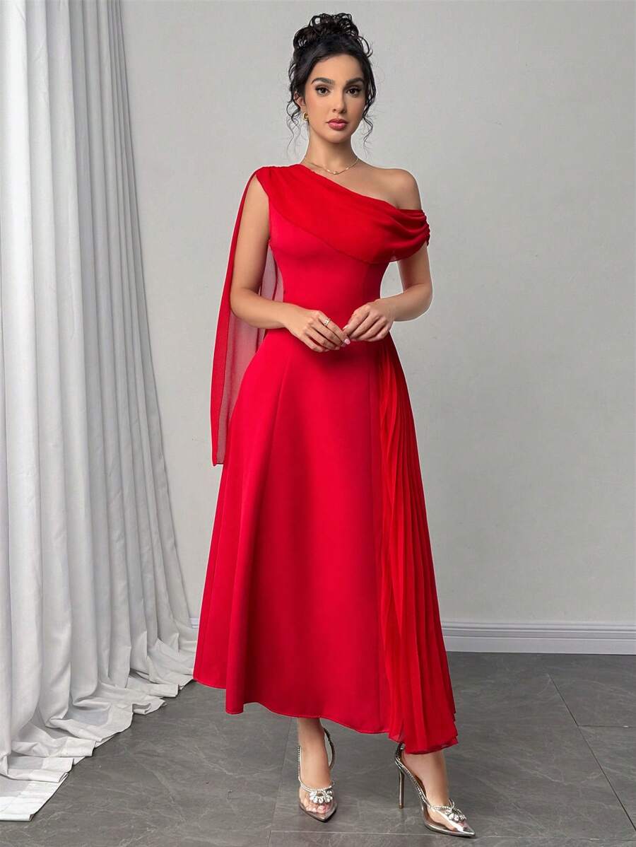 Modelyn Vestido Elegante Feminino de Chiffon Plissado Cor Sólida com Gola Assimétrica - Vermelho - Visão 1