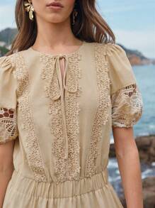 MOTF PREMIUM Besticktes Leinen Patchwork Midi Kleid