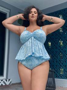 Swim Mod Plus Size Women 2pcs Light Blue Summer Beach Holiday,Textured Fabric Halter A-Line Top & High Waisted Bottom,Casual Resort Style Swimsuit For Vacation - Multicolor - View 3