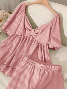 CosyJoli 2pcs Plus Size Solid Color Short Sleeve Top And Shorts Set, Minimalist Fashion Summer Outfit - Dusty Pink - View 3