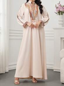 SHEIN Najma Elegant Ramadan Women Loose Fit Long Sleeve Embroidered Robe, Modest Kaftan - Khaki - View 6