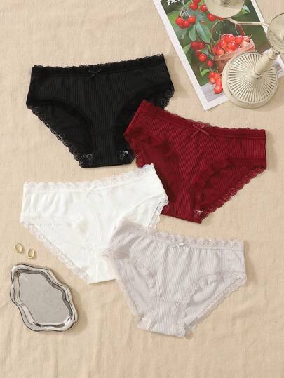 SHEIN 4pcs Dozemod Teen Girl Cute Lace Bowknot Decor Elastic Waist Briefs, Comfortable & Minimalist