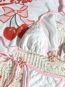 Swim Mod White Summer Cute Pool Party Holiday Women Sweet Daisy Texture Halter Backless Triangle Bikini Set With Cherry Print Chiffon Cover-Up,Vacation - White - View 8