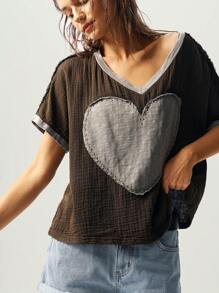 Bohemela Maglietta casual in cotone lavato con scollo a V, maniche corte, taglio morbido, fantasia cuori in stile patchwork, per donna
