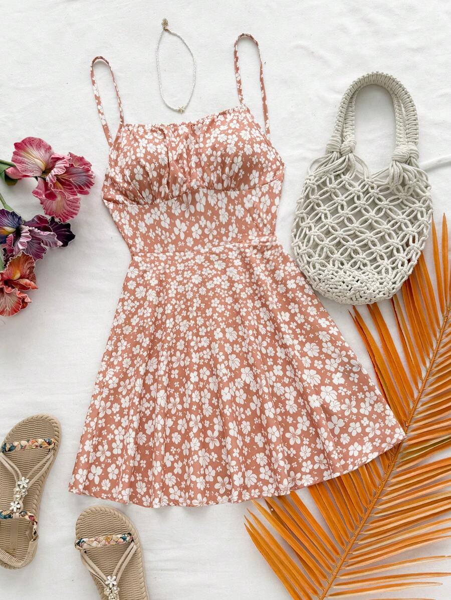 Soleia Women's Ditsy Floral Criss-Cross Backless Spaghetti Strap Mini Dress, Versatile For Summer Casual, Date, Afternoon Tea - Multicolor - View 1