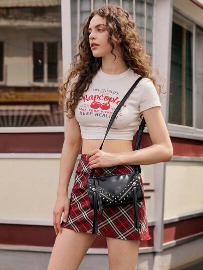 SHECARRY Women Crossbody ,Metal,Summer Autumn Holiday ,For Dinner/Dating/Party/School/Travel/Commute/Shop Bag, Y2K, Steampunk,Party,Women Crossbody Rivets, Zippers, Tassels,With Metal Decor,Portable ,With Adjustable Strap, With Metal Decor, Tassel,Faux Leather, Back To School For Students