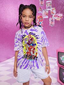The Winx X SHEIN Maglietta con maniche corte, ampia, per ragazze pre-adolescenti, a tinta unita colorata, con stampa di ragazza stilizzata e effetto Tintura a nodi a spirale