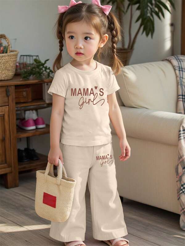 2 Pieces Girls Summer Casual Letter Graphic T-Shirt And Pants Set