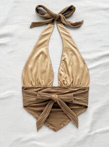 Soleia 女士度假 V 领纹理面料 A 字下摆紧身背心，适合度假、音乐节、波西米亚风、节日约会、下午茶 - 卡其色 - 查看 2