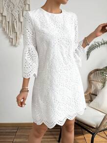 Breezaya Abito da donna con ricamo traforato e orlo a balze per la primavera e l'estate