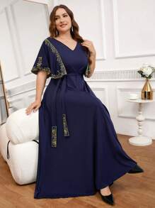 SHEIN Clasi Plus Size Women's Elegant Patchwork Floral Embroidery Ruffle Hem Dress