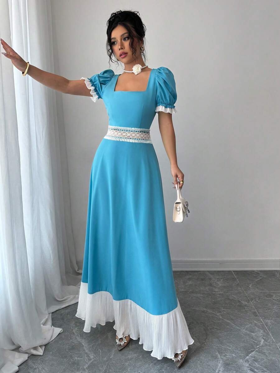 Elenzga Square Neck Ruched Waist Color Block Floral Lace Trim Long Dress - Blue and White - View 1