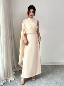 Rafferiza Elegant Solid Color Asymmetric Neck Dress - Apricot - View 5