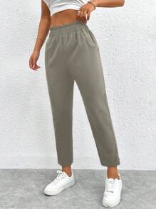 SHEIN PETITE Women Casual Solid Elastic Waist Cropped Pants
