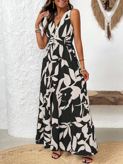 Breezaya Women's V-Neck Sleeveless Dress With All-Over Print And Ruffled Hemline For Summer Maxi Vacation Beach Outfit