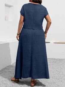 EMERY ROSE Plus Size Vacation Casual Solid Color Shirt & Skirt 2pcs Set - Navy Blue - View 2