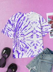 The Winx X SHEIN Maglietta con maniche corte, ampia, per ragazze pre-adolescenti, a tinta unita colorata, con stampa di ragazza stilizzata e effetto Tintura a nodi a spirale