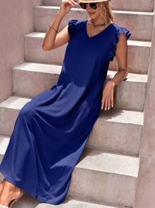 RueChic Vestido de verano de unicolor simple con cuello en V y dobladillo con volantes para mujer