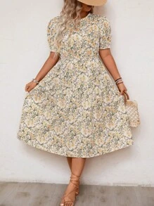 SHEIN LUNE 加大码花卉印花泡泡袖长款连衣裙女装 - 彩色 - 查看 4