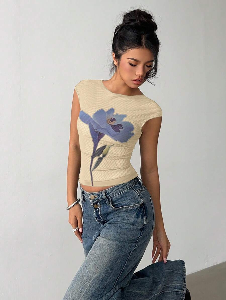 Siren Gaze Áo thun lưới họa tiết hoa thanh lịch mùa hè cho nữ - Màu be - Xem 1