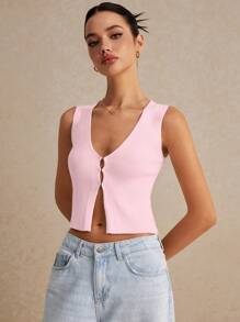 Poéselle Women's Casual Solid Color Knitted Vest For Summer - Baby Pink - View 6