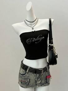 Attitoon Women's Casual Bandeau Crop Top,Suitable For Summer,Rhinestone - Black - View 5