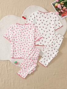 SHEIN Leap Crew Set de 4 piezas de ropa de dormir casual para niñas preadolescentes con parte superior de manga corta cuello redondo y volantes con estampado floral, y pantalones largos - Rosa - Ver 2