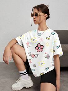 SHEIN Leap Crew Teens' Casual Minimalist Oversized Knitted T-Shirt, Suitable For Summer - Multicolor - View 3