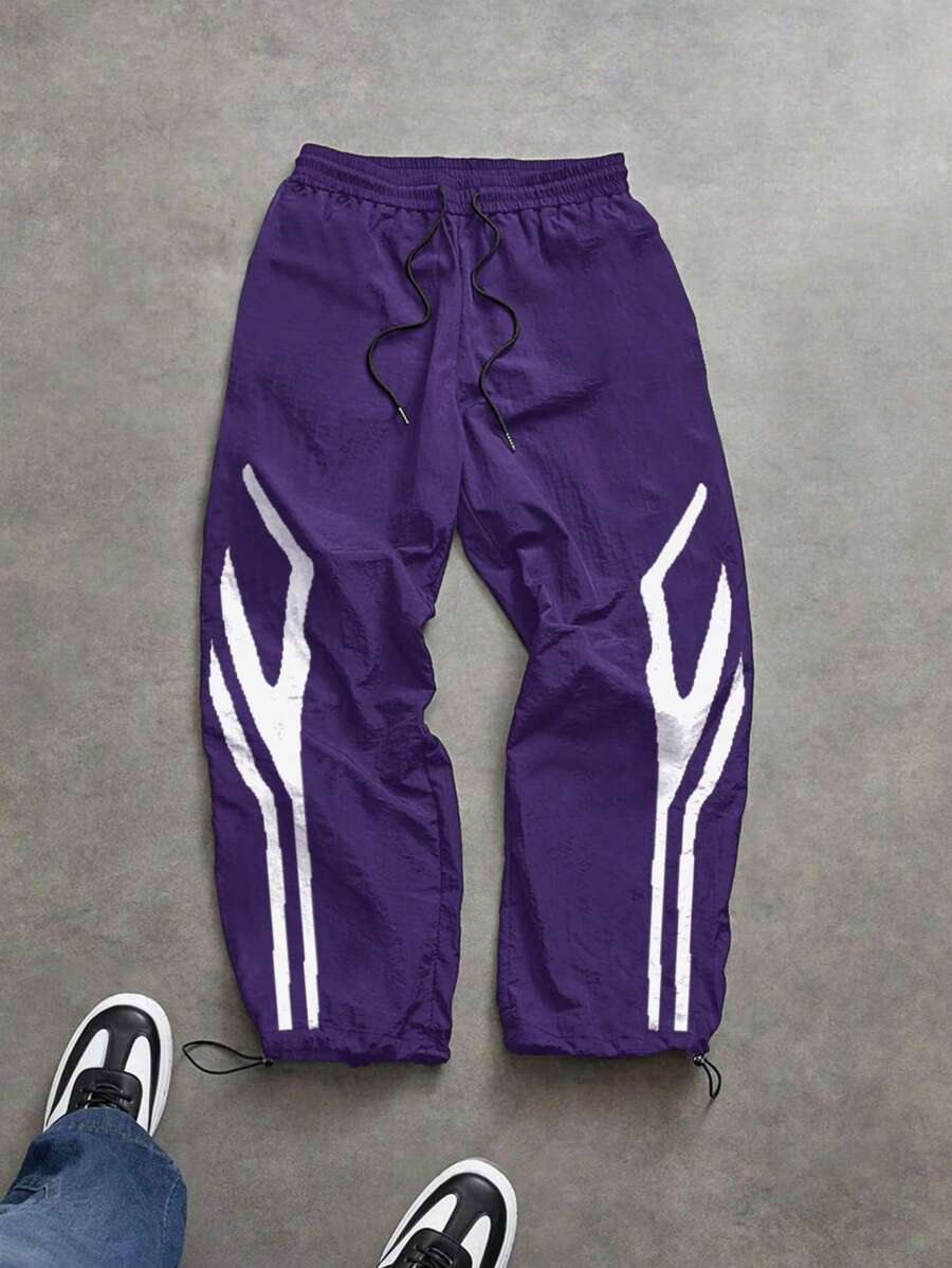 Manfinity Sport Corelite Men's Contrast Color Print Drawstring Waist Sports Pants Workout Clothes Running Pants Fall Breathable Sweat Pants - Purple - View 1