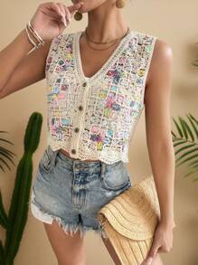 Travachic Ladies' Colorful Hollow Knitted Sleeveless Top For Vacation, Suitable For Holiday, Afternoon Tea, Wedding Season, Beach Cruise Vacation, City Road Trip Vacation, Boho Vacation, Music Festival, Beachwear, Easter, Beach For Woman, Elegant Tops For Women, Vacation Women, Concert Women, Tropical Vacation Woman, Holiday, Bohemian,For Spring Summer And Autumn, Tropical Vacation, Bohemian Outfits, Ibiza Outfits, Western Style - Multicolor - View 3