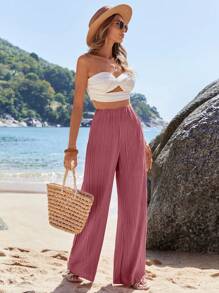 EURMUSE 100%Cotton Wide Leg Pants, Pleating Fabric - Rusty Rose - View 3