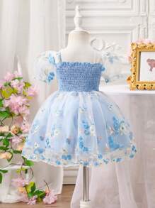 SHEIN Glamorique Kids 女婴 0-3 岁优雅公主花卉网眼泡泡袖粉色连衣裙，春夏 - 藍色 - 查看 3