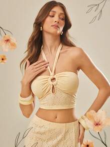 L'Amorae Elegant Vacation Eyelet Hollow Out Halter Top