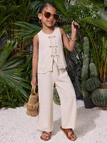 2 Stücke Set aus einfarbiger Strickjacke und weiter passender Hose für Kleine Mädchen - Khaki - Übersicht 4
