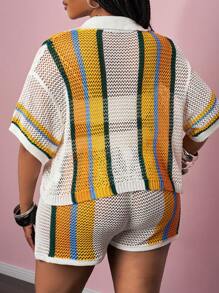 Slaydiva 2pcs Set 2025 Spring & Summer Casual & Beach Resort Knitted Collared Short Sleeve Blouse With Pocket And Shorts, Colorful Stripe Contrast Knitted Set, Plus Size Women