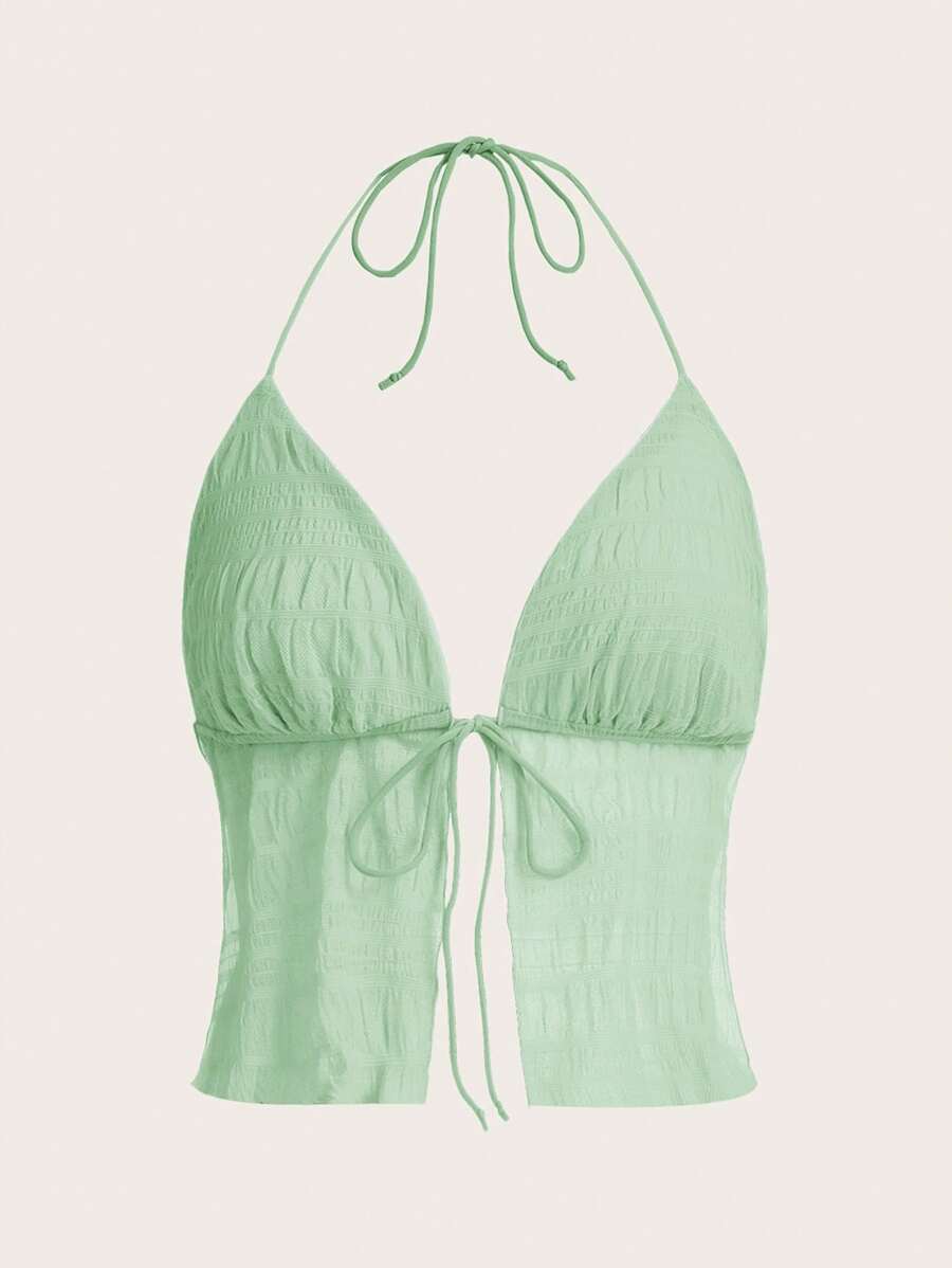 SHEIN ICON Áo khoác và áo lót dành cho xe tăng nữ Lộ Lưng Xù nhỏ Chia Buộc lại màu trơn Gợi cảm - Màu xanh Bạc hà - Xem 1