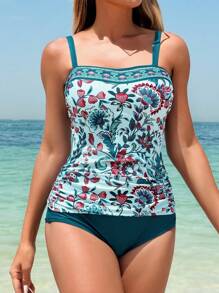 Swim Lushoire Ladies' Beach Leisure Vacation Mature Random Print Camisole Bikini Top And Solid Color Shorts Set For Summer