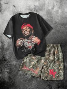2 Stücke Tween Junge Lässige vielseitige bequeme bedruckte Muster Lose kurzärmliges T-Shirt und bedruckte Shorts Strick Outfit Set - Schwarz - Übersicht 1