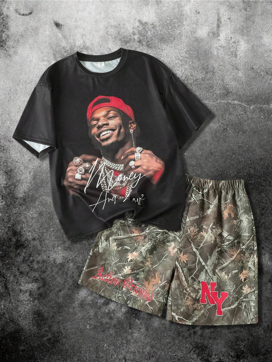 2 Stücke Tween Junge Lässige vielseitige bequeme bedruckte Muster Lose kurzärmliges T-Shirt und bedruckte Shorts Strick Outfit Set - Schwarz - Übersicht 1