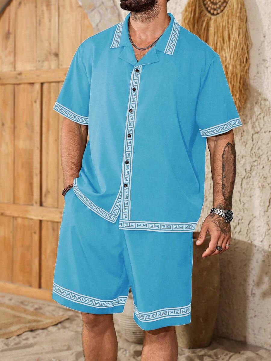 Genlund Plus Size Men's Geometric Print Front Button Short Sleeve Shirt And Pocket Shorts Set - Baby Blue - View 1