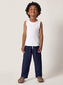 SUMWON Kids Pull On Textured Drawstring Pants Lightweight Cotton Summer Casual Trousers Breathable Wide Leg Joggers Beach Holiday Wear Play Clothes School - Navy Blue - View 3